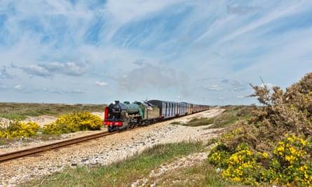 A steam train at Dungeness on the Romney, Hythe & Dymchurch Railway.